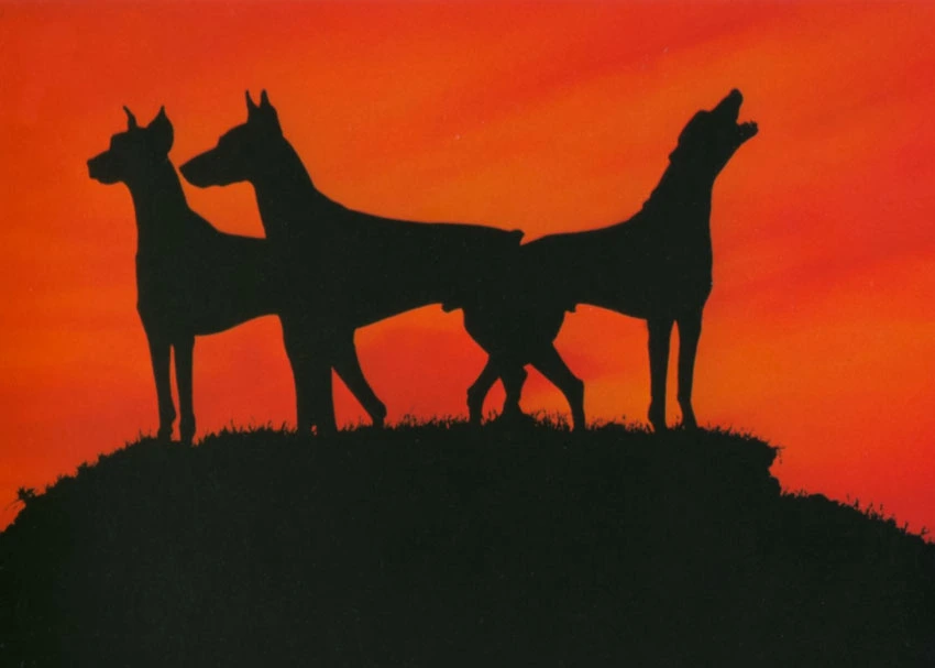 A detail from the poster for The Appointment: three howling dogs silhouetted against a blood red sky.