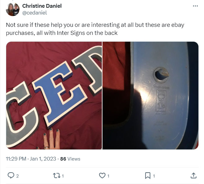 A Tweet from Christine Daniel showing some of her collection of plastic Inter Signs letters with trademark information on the back.