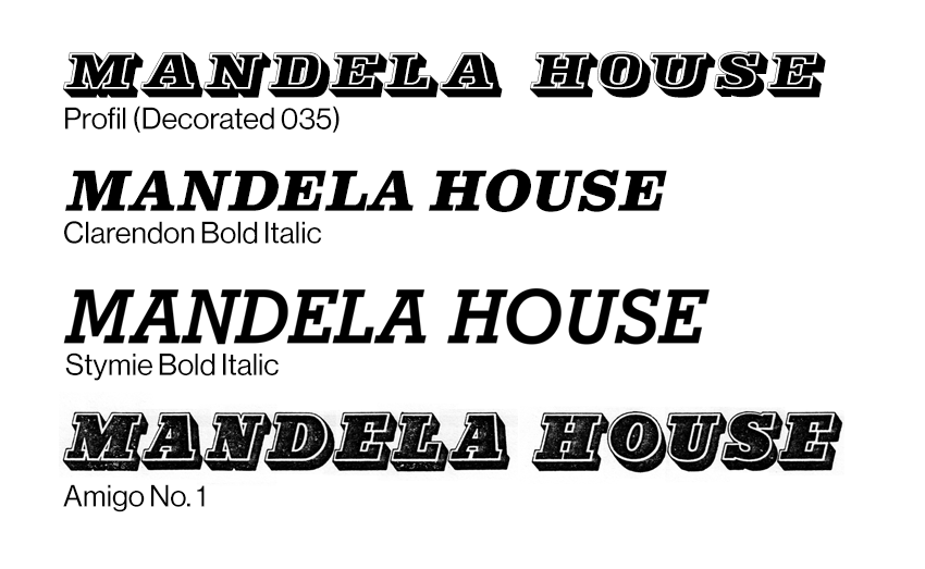 Samples of Profil, Clarendon Bold Italic, Stymie Bold Italic and Amigo No. 1, four similar looking chunky italic fonts with serifs.
